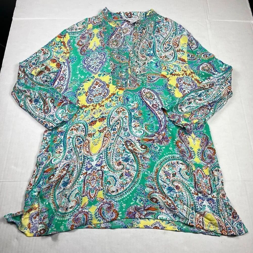 Peck & Peck Tunic Blouse Paisley Colorful Vibrant Long Sleeve Boho Studded Top